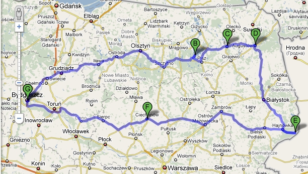 Mapa1.jpg - [pl]Trasa: Bydgoszcz-Glodowo-Elk-Augustow-Bialowieza-Ciechanow-Bydgoszcz[no]Reiserute: Bydgoszcz-Glodowo-Elk-Augustow-Bialowieza-Ciechanow-Bydgoszcz[de]Reiseroute:Bromberg-Glodowen-Lyck-Augustow-Bialowieza-Ciechanow-Bromberg