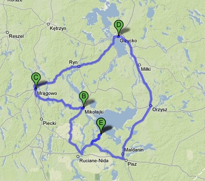 mapa2.jpg - [pl]Trasa z Glodowa: Ruciane-Mikolajki-Mragowo-Gizycko-Pisz-Glodowo[no]Reiserute fra Glodowo: Ruciane-Mikolajki-Mragowo-Gizycko-Pisz-Glodowo[de]Reiseroute aus Glodowen: Rudczanny-Nikolaiken-Sensburg-Ltzen-Johannisburg-Weissuhnen u. Glodowen