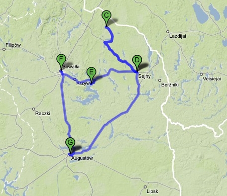 mapa3.jpg - [pl]Trasa z Augustowa: Sejny-Punsk-Wigry-Suwalki[de]Reiseroute aus Metenburg: Sejny-Punsk-Wigry-Suwalken[no]reiserute fra Augustow: Sejny-Punsk-Wigry-Suwalki